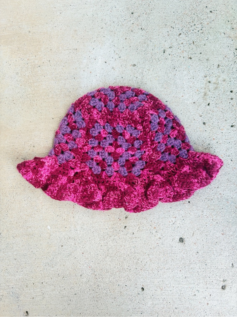 Kids Handmade Crochet Pink and Purple Granny Square Bucket Hat with Ruffle